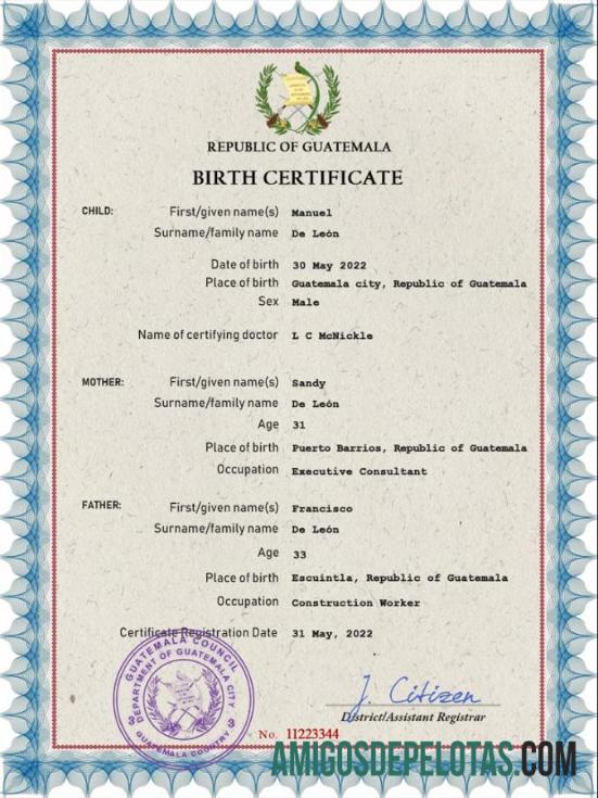 Realista modelo PSD de certidão de nascimento de registro vital da Guatemala